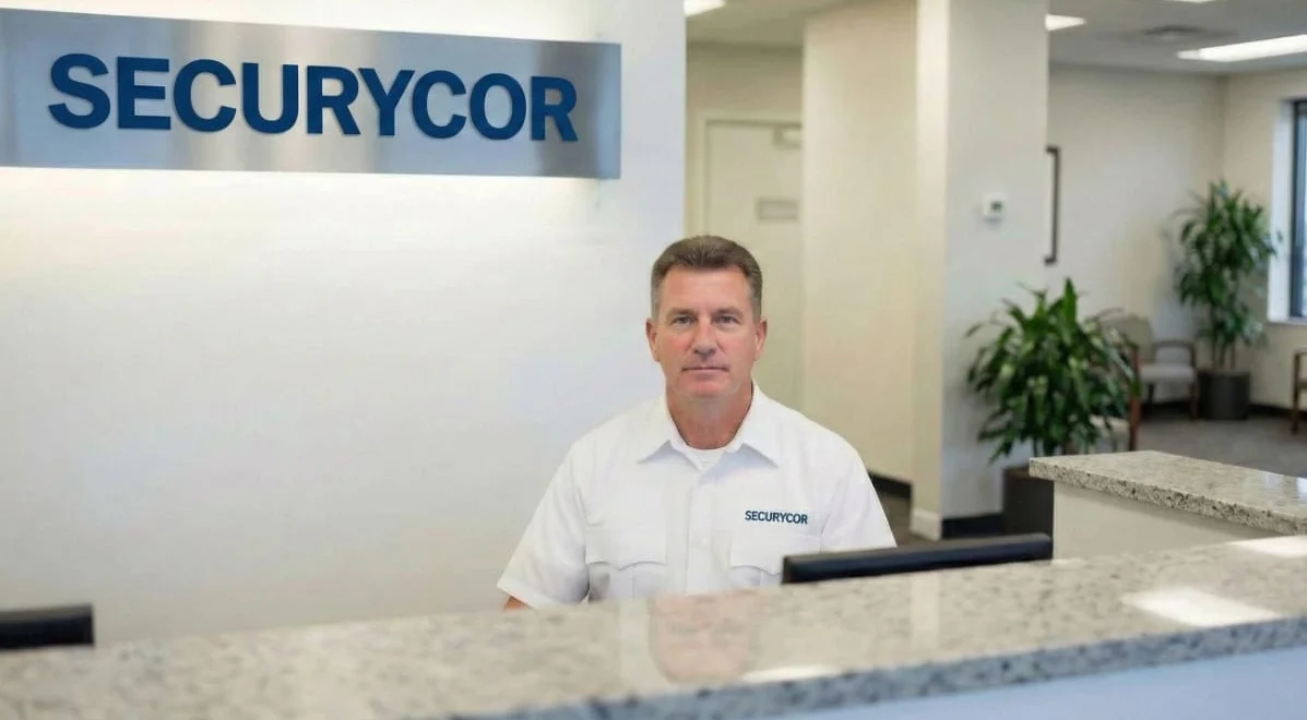 A security guard and CCTV camera illustrating the difference between manned guarding and CCTV monitoring.